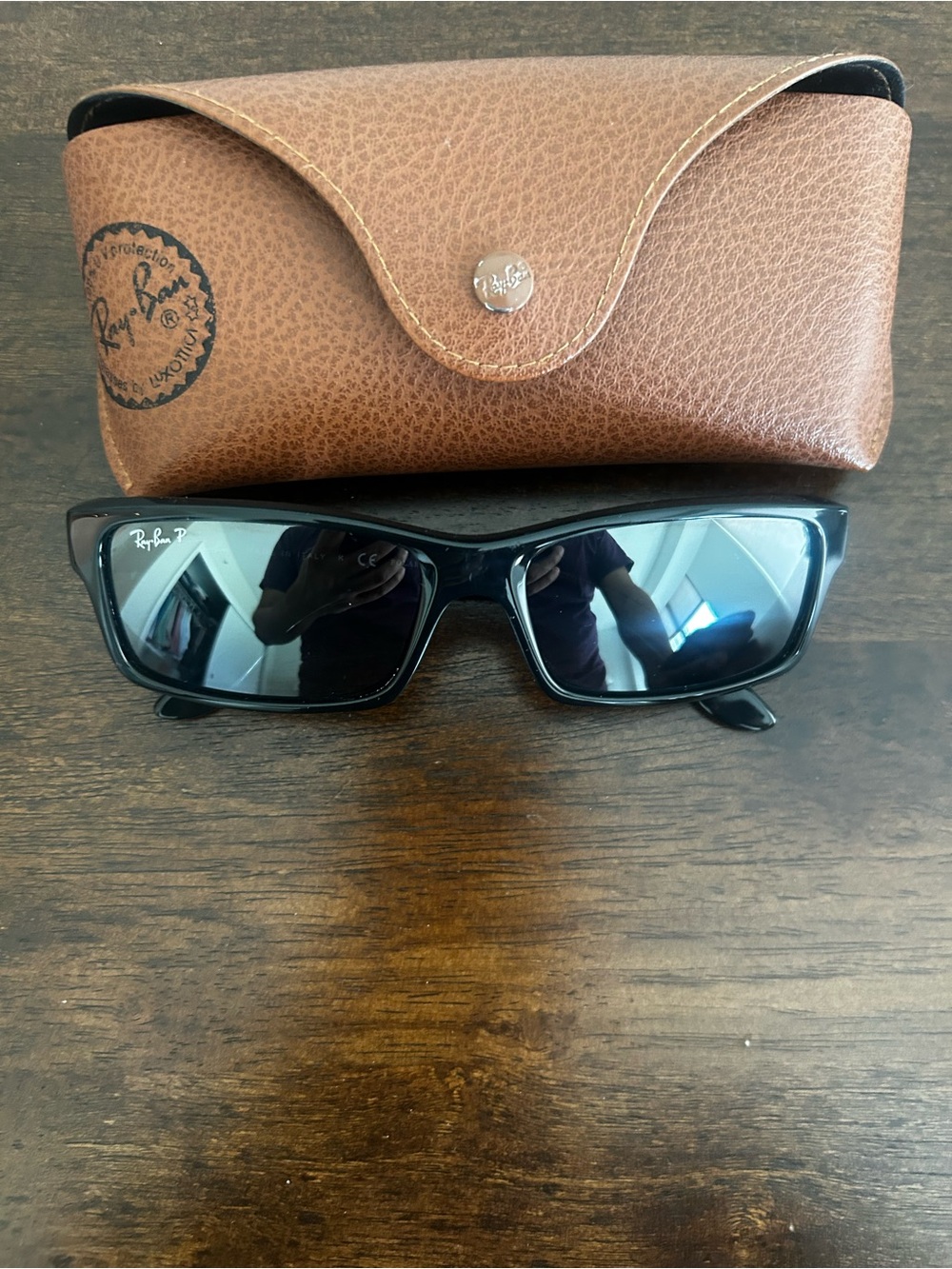 Ray-Ban Black Rectangular Polarized Sunglasses with Brown Case